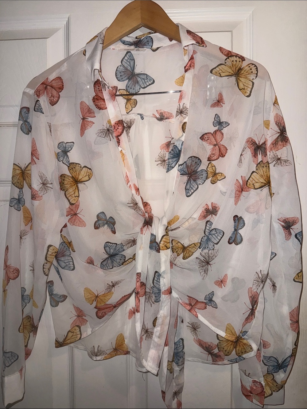 Sheer Butterfly Tie-Front Blouse - White with Multi Butterflies